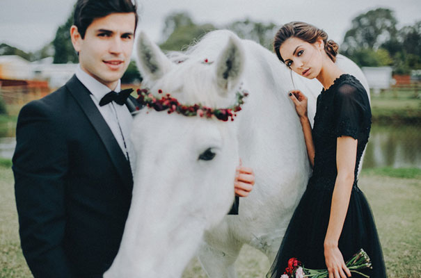 cool-black-wedding-dress-red-flowers-white-horse-floral-crown46