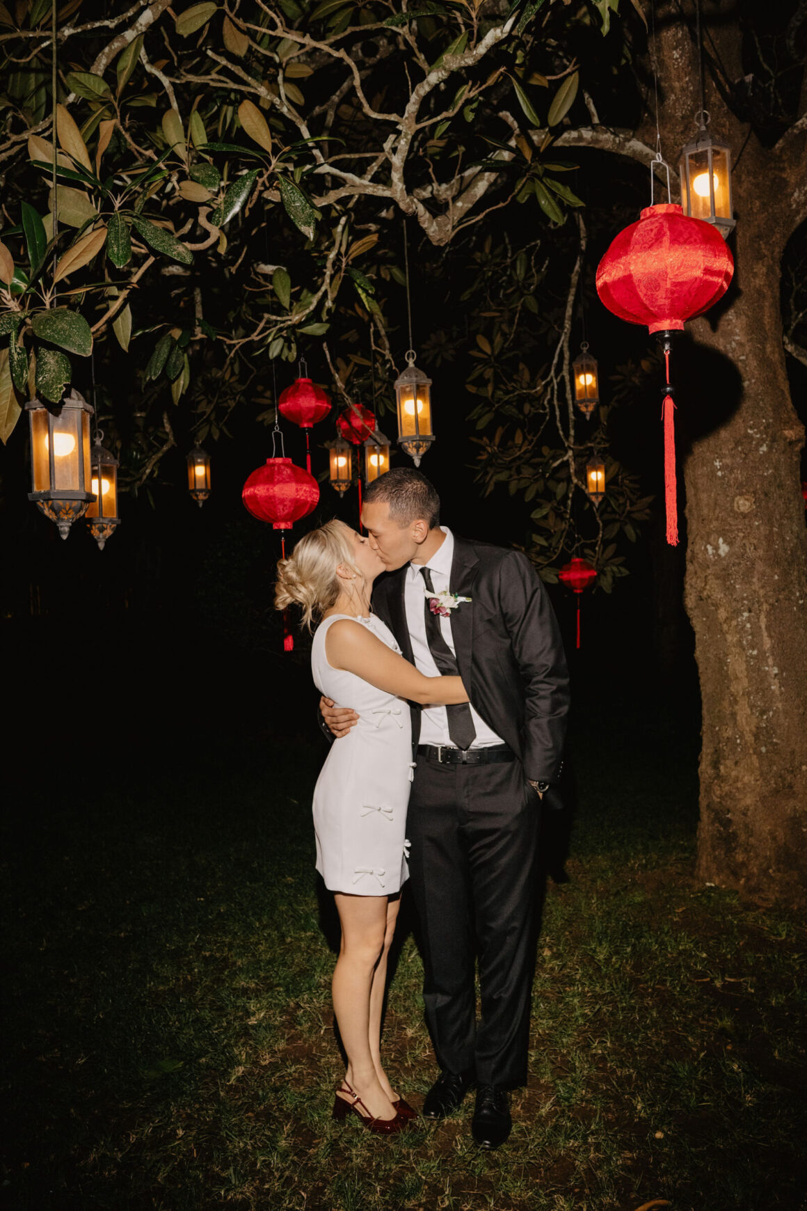 Anna and Jacky first dance under red lanterns at Gabbinbar, Toowoomba wedding.