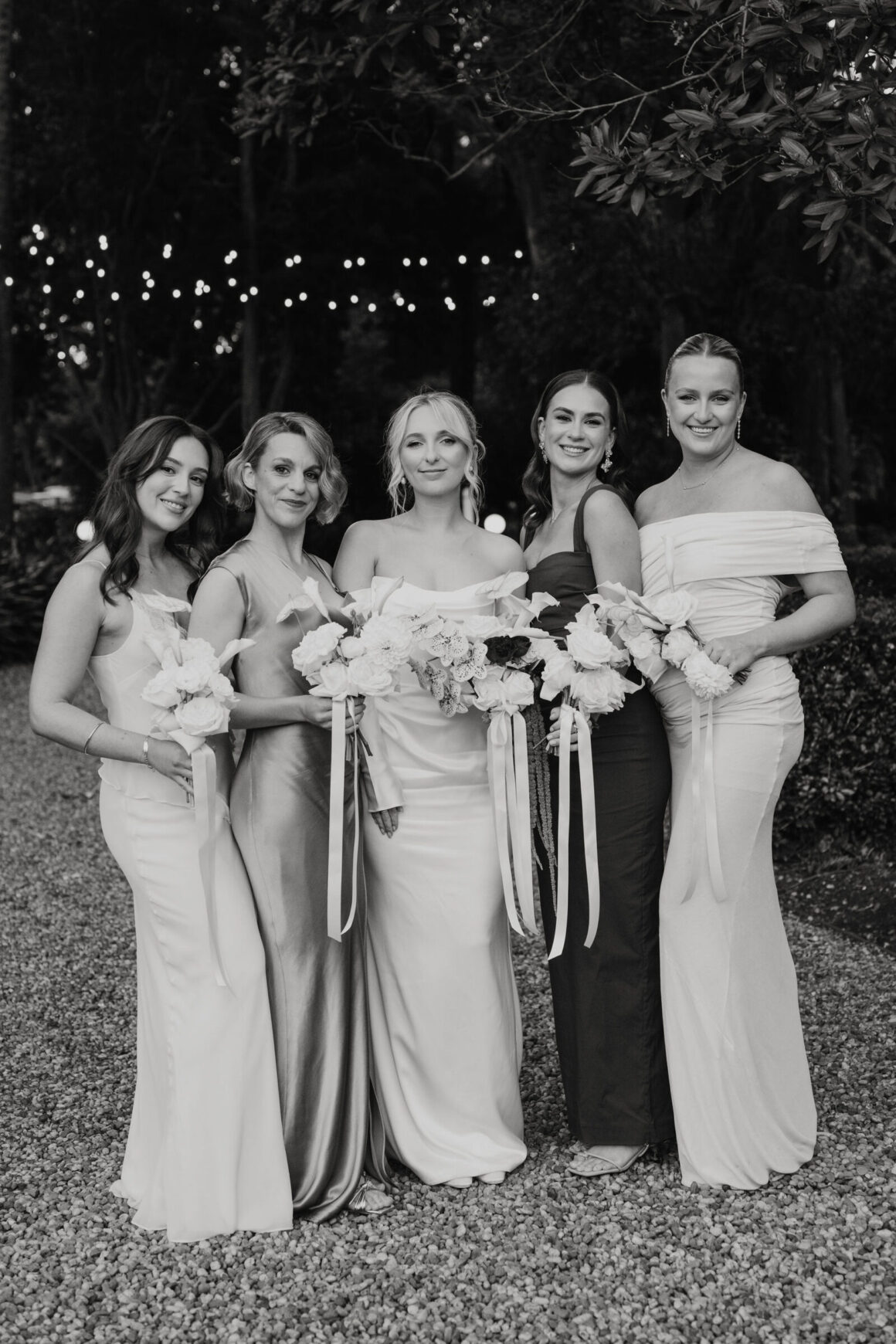 black and white image of bridesmaids of Anna and Jacky’s Gabbinbar wedding