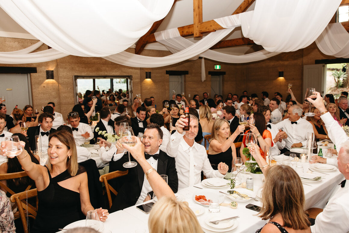 Byron Bay wedding dinner party with flowing wine, shared food and intimate vibes