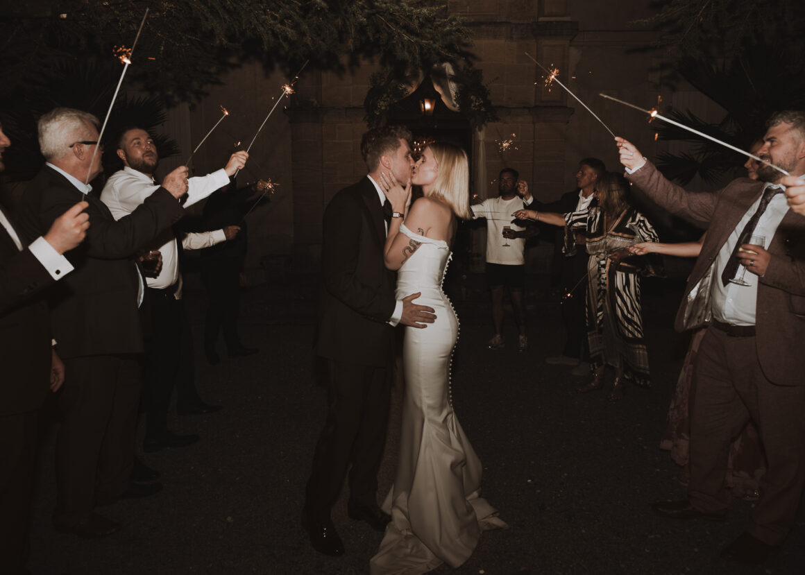 Sunset portraits of bride and groom at French countryside wedding venue