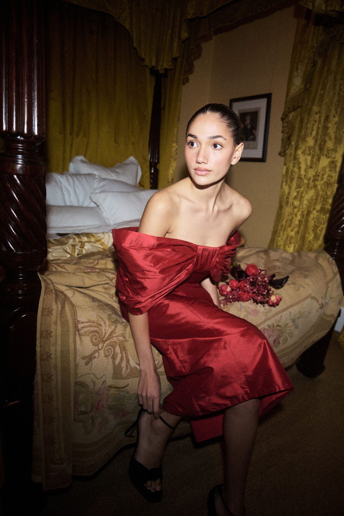 silk bow on a Baaby bridal gown in fore red, showing the Let Them Eat Cake collection